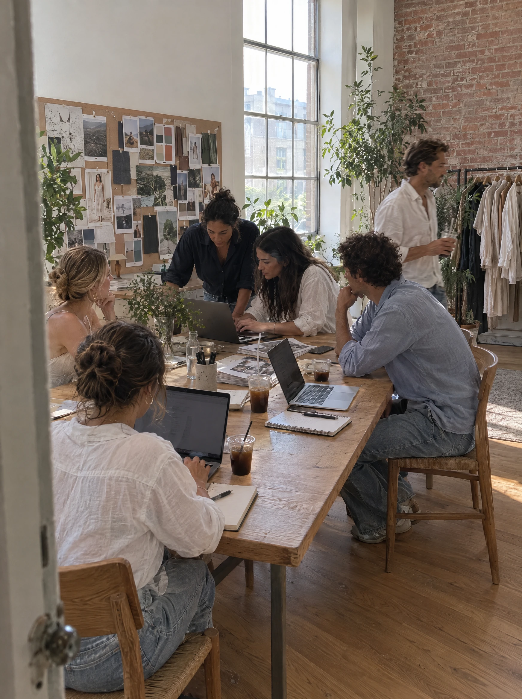Ein Brand-Team arbeitet im Modestudio an der gemeinsamen Kampagne.